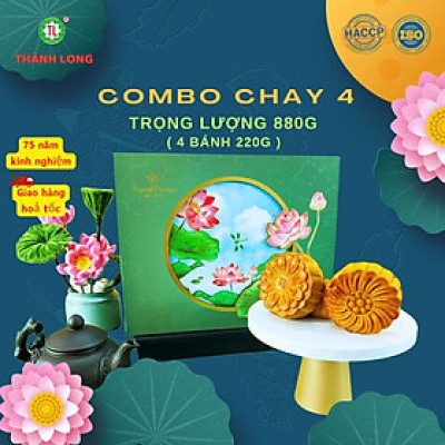 HỘP BÁNH TRUNG THU 4 BÁNH CHAY 220G - COMBO CHAY 4 - THÀNH LONG 880G - TẶNG 1 HỘP TRÀ