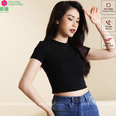 Áo croptop nữ Hiền Trần BOUTIQUE cổ tròn vải cotton bozip co giãn thoáng mát freesize ngắn tay thun đẹp