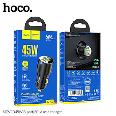Bộ Sạc Xe Hơi Hoco NZ6 PD45W+ Q.C 3.0 Cao Cấp Hỗ Trợ 2 Cổng Type C, 1 USB-A - Hàng Chính Hãng