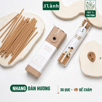 Nhang Thủ Công Đàn Hương 3 Lành Hộp 30 Que 100 % Tự Nhiên Tặng Kèm Đế Chăm Không Hóa Chất Xông Thơm