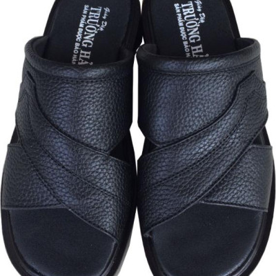 Dép quai ngang nam Trường Hải da bò cao cấp mềm mại không bong tróc màu đen đế PU siêu nhẹ cao 5cm QN0744