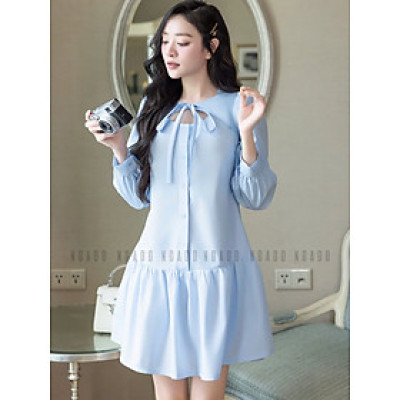 Đầm xanh tay dài phối nơ NGADO , đầm dự tiệc , công sở