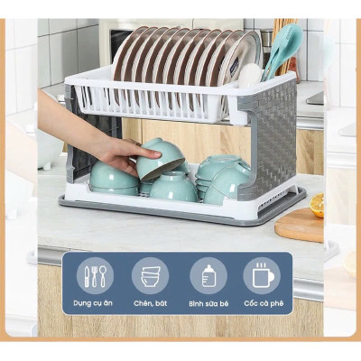 Giá để bát đĩa 2 tầng, kệ chạn úp chén đũa đa năng kèm khay hứng nước -Hàng chính hãng