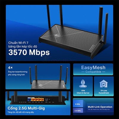Thiết bị định tuyến mạng không dây TP-Link Router Wifi 7 Dual-Band BE3600 Archer BE230 - Hàng chính hãng