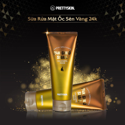 Sữa rửa mặt Ốc Sên dưỡng ẩm trắng da, ngăn ngừa lão hóa Prettyskin Total Solution 24K Gold Snail Cleansing Foam 150ml tặng móc khóa