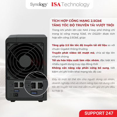 Nas Synology DS225+ thiết bị lưu trữ mạng 2 bay ổ cứng dành cho cá nhân và doanh nghiệp nhỏ năm 2025 hàng chính hãng