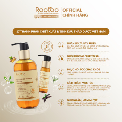 Dầu Gội Ngăn Ngừa Rụng Tóc Rootoo Thuần Tự Nhiên Giúp Kích Thích Mọc Tóc, Giảm Gàu, Phục Hồi Hư Tổn 250ml