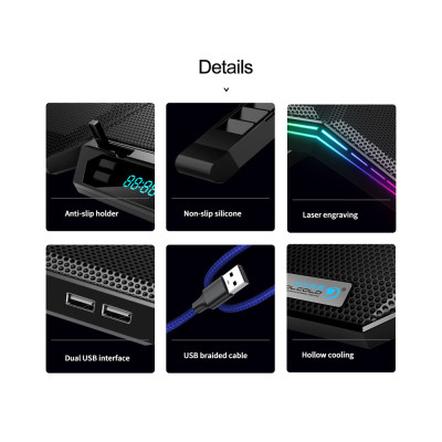 Máy làm mát máy tính xách tay COOLCOLD K40 RGB  6 quạt Thiết kế câm với chân đế có thể điều chỉnh được tốc độ gió Chiều cao ánh sáng đầy màu sắc
