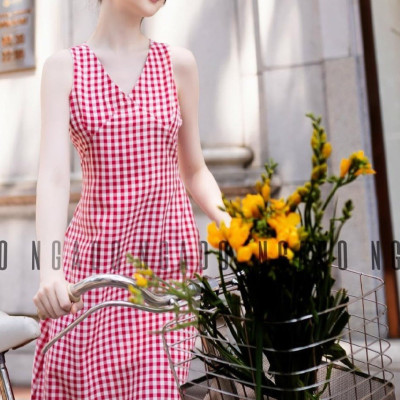 Đầm caro đỏ cổ tim NGADO , đầm nữ , Đầm vintage , Đầm mùa hè , Đầm dạo phố , Đầm xinh , Đầm thiết kế