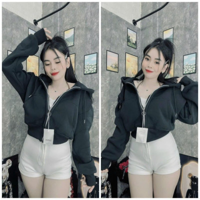 Áo khoác nỉ croptop tay dài trơn có mũ chùm đẹp hàng rất đẹp-A2029