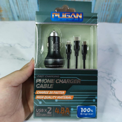 Tẩu sạc nhanh kèm dây cáp 3 đầu Ô tô chính hãng Pugan với 2 chức năng sạc thông minh và sạc siêu tốc 4.8A