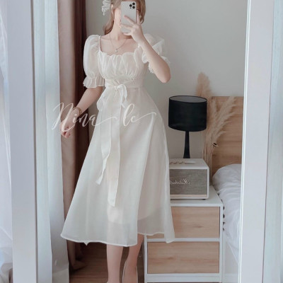 Đầm tay phồng xếp ly ngực