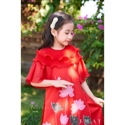 Áo dài tết cho bé gái mẫu Hoa sen tay phồng xinh xắn từ 12-40kg hàng thiết kế cao cấp