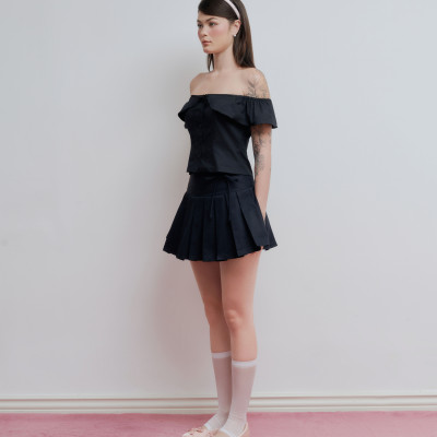 DOTTIE - Chân váy ngắn phối vải xếp ly - Đen - S0265