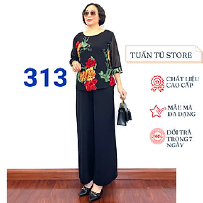 Bộ Trung Niên Phối Áo Voan 2 Lớp Và Quần Đũi Đen Chất Liệu Mát Mẻ Sành Điệu Cá Tính Cho Bà Và Mẹ - Tuấn Tú Store 68